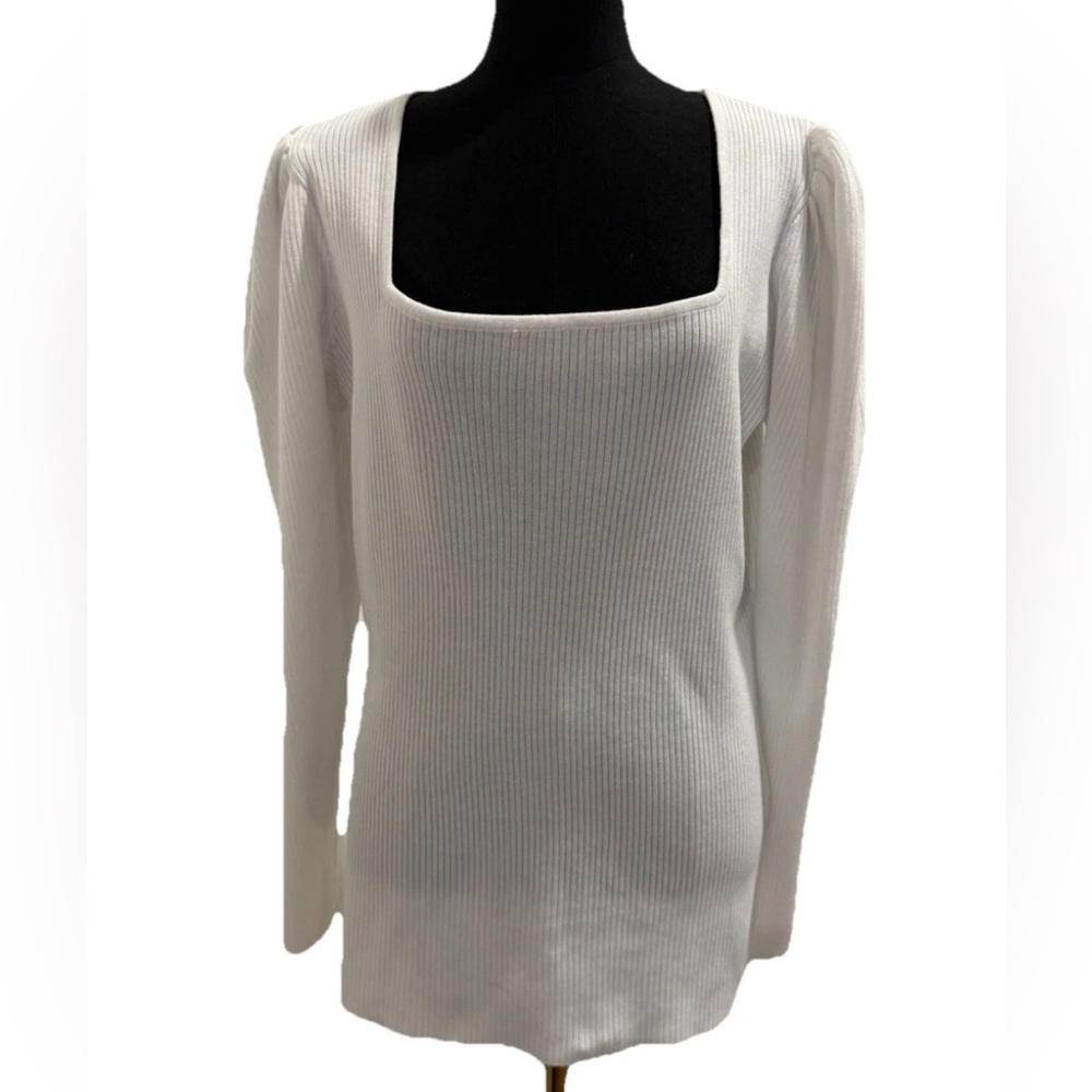 Ashley Stewart Women's Long Sleeve White Ribbed Sweater, Puff Sleeves, 18/20 NWT